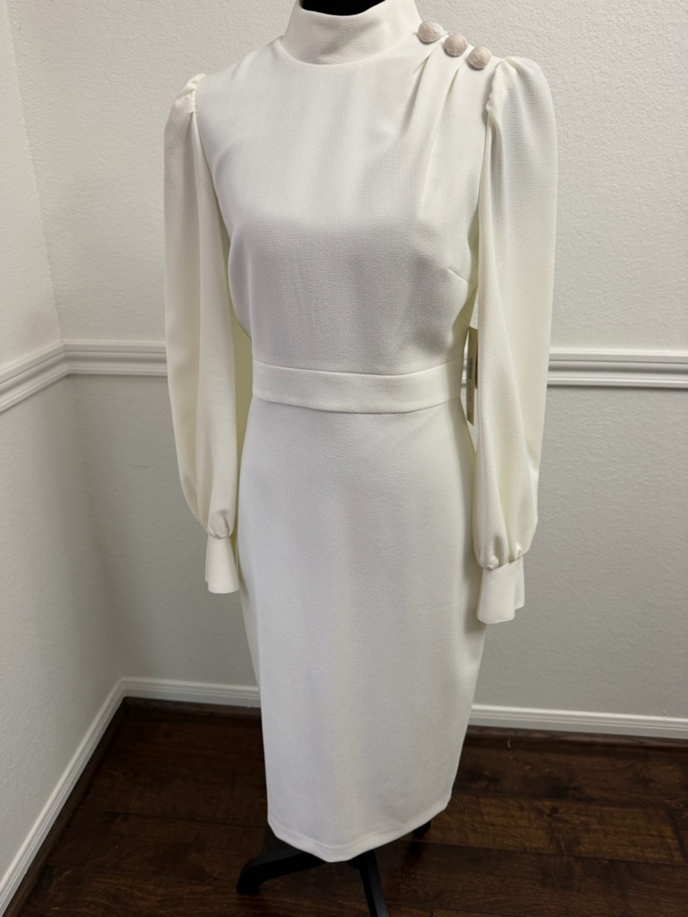 Eliza J Ivory High-Neck Long-Sleeve Midi Dress with Button Shoulder